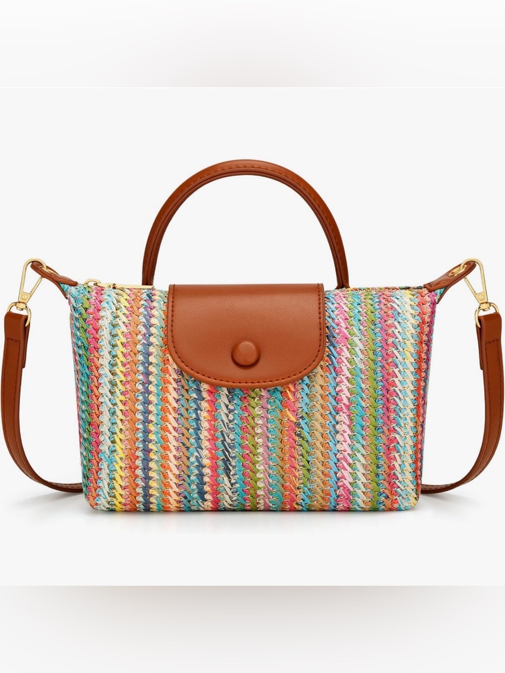 Colorful  Woven Straw Crossbody Bag - Mini Top Handle Summer Purse Leather Trim